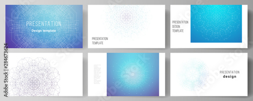 The minimalistic abstract vector illustration layout of the presentation slides design business templates. Big Data Visualization, geometric communication background with connected lines and dots.