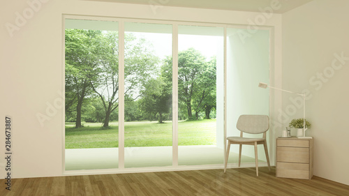 Living room and forest view for residential artwork. Interior design minimalist style. 3D Rendering