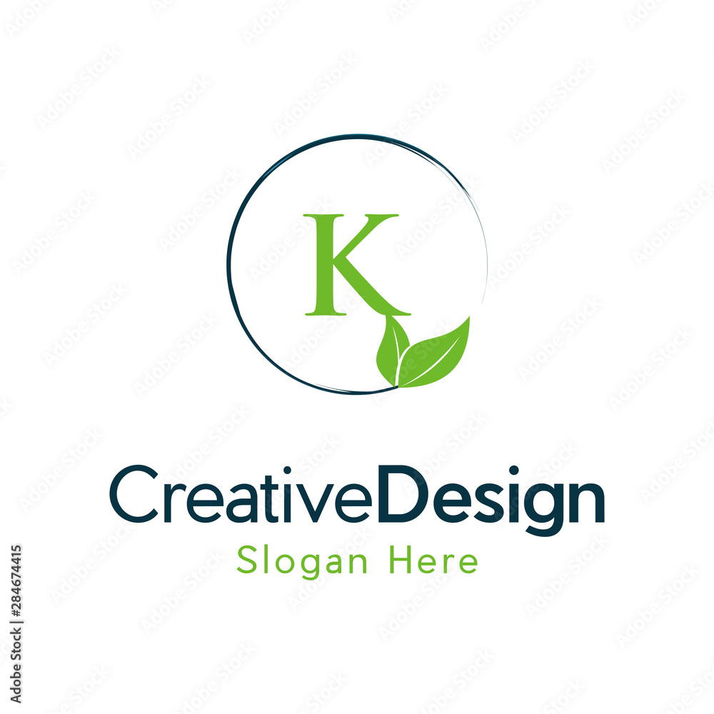 Initial K Green Letter and Leaf for Modern Beauty Nature Cosmetic, Vegan, Environmental, Creative Letter K Leaf Logo Design, Letter K Botanical Logo, Leaf Attached with Alphabet K