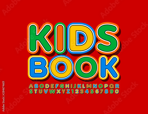 Vector colorful template Kids Book with Uppercase Font. Bright creative Alphabet Letters and Numbers