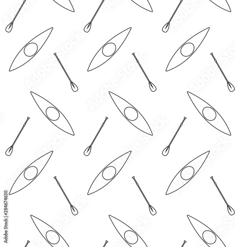 Vector seamless pattern of outline canoe boat and paddle isolated on white background