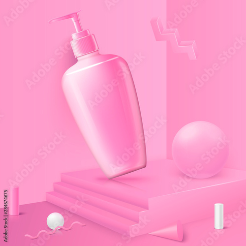Vector 3d realistic corner wall abstract scene with podium and shampoo bottle, pink and white balls.