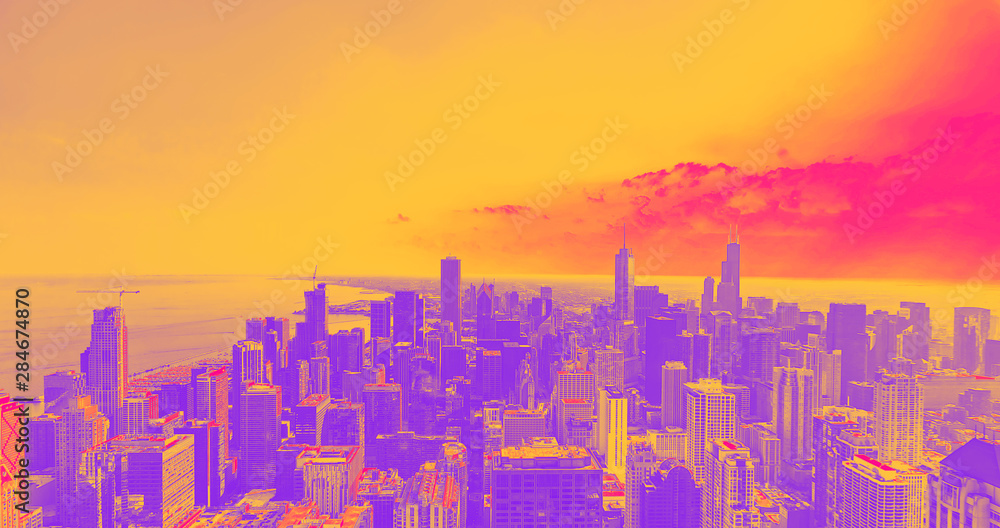 Chicago cityscape skyline toward sunset aerial view funky gradient