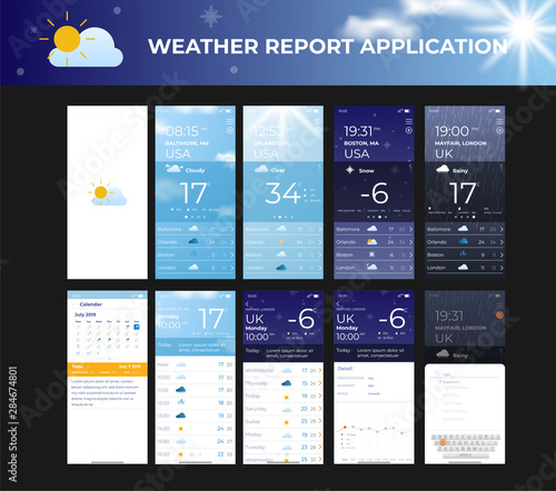Mobile app ui kit weather roport template