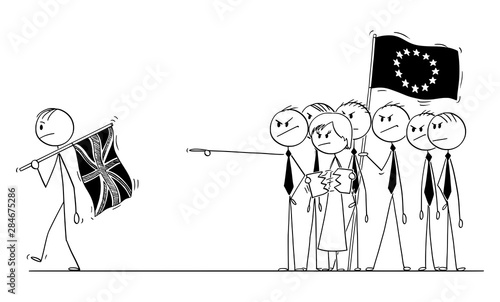 Cartoon stick drawing conceptual illustration of brexit, prime minister of Britain or United Kingdom or UK is leaving European Union or EU with flag and with no-deal.