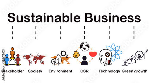 Sustainable business icon, Stakeholder, society, environment, CSR, technology, green growth. infographic media, minimal concept design vector, easy to adjust color