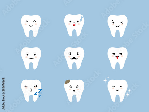 Teeth emoji icon set. Cracked, broken, healthy white cute cartoon kawaii tooth characters with different facial expressions.
