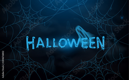 Halloween. Vector illustration with blue spider web and ghosts. Spooky night background