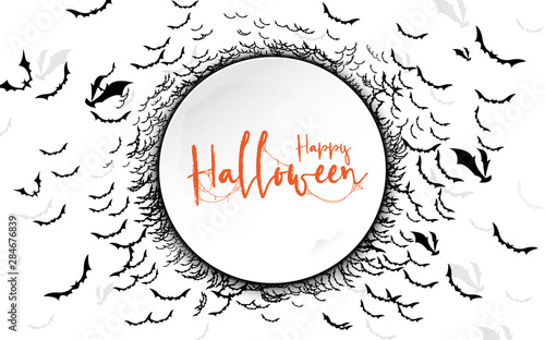 Happy Halloween lettering with circle space on a lot bats. Isolated illustration