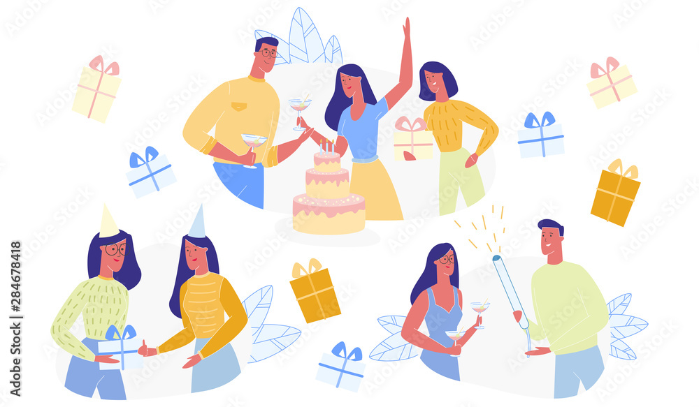 Happy People Characters Celebrating Birthday Set
