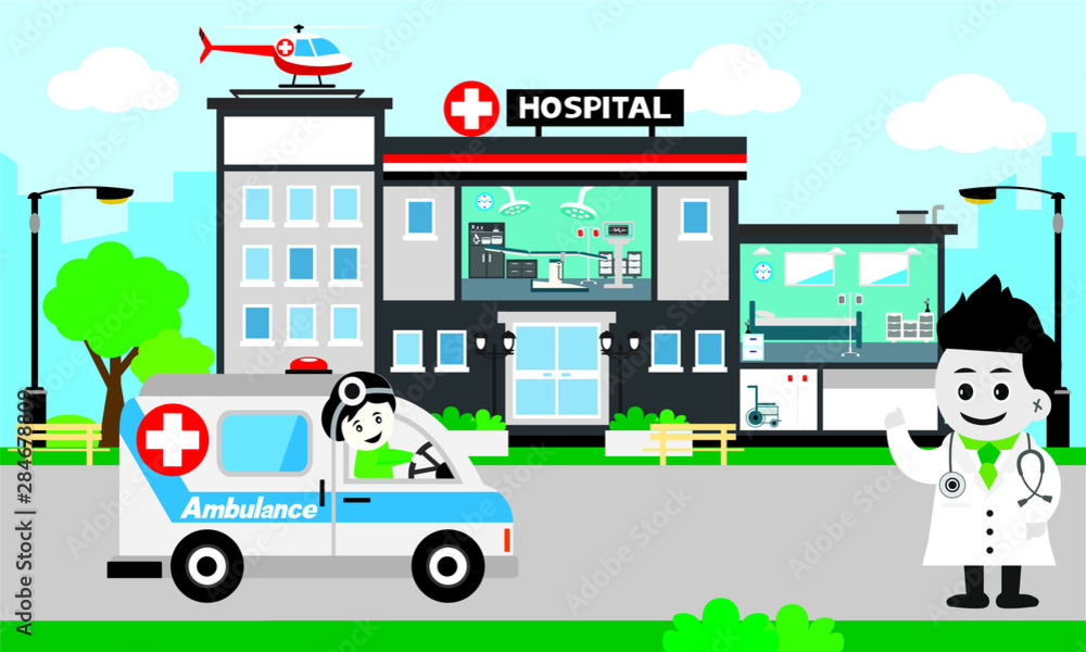 Obraz premium Vector of doctor team standing on a hospital building, Patient care concept, ambulance car background