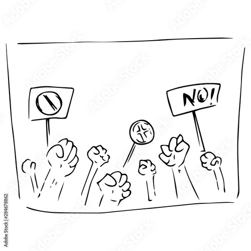 Rally of people. Protest. A crowd of disgruntled people. Fists raised up. Prohibitory banners. Vector illustration. Simple hand drawn icon.
