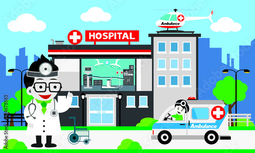 Fototapeta Naklejka Na Ścianę i Meble -    Vector of doctor team standing on a hospital building, Patient care concept, ambulance car background