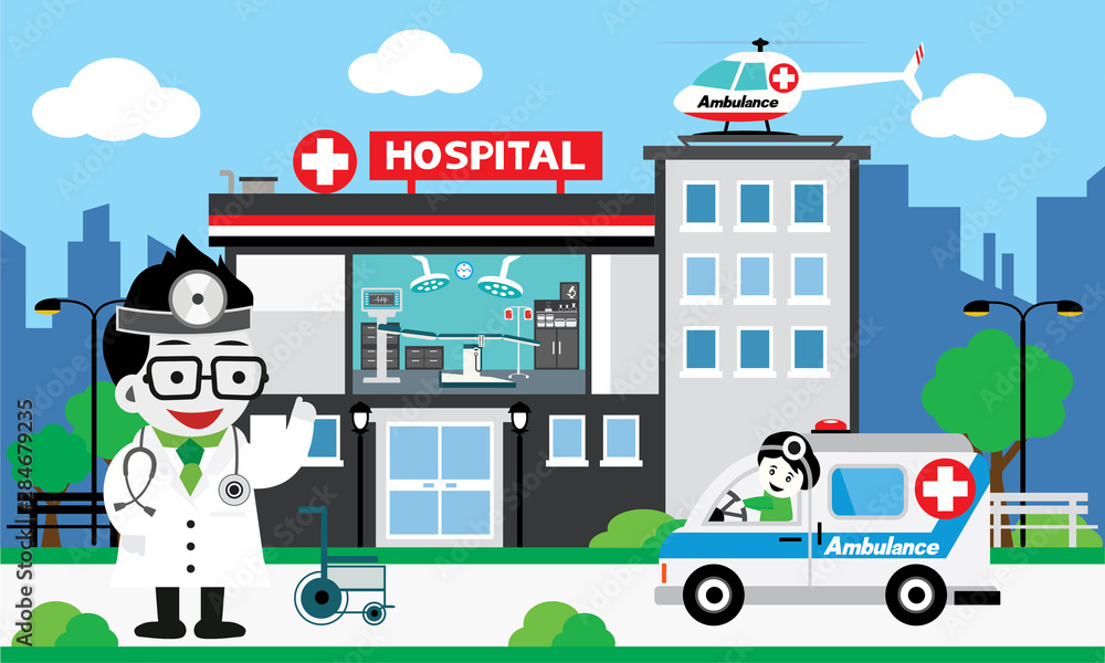 Obraz premium doctor team standing on a hospital building, Patient care concept, ambulance car background