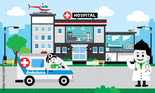  doctor team standing on a hospital building  Patient care concept  ambulance car background
