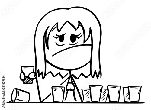 Vector cartoon stick figure drawing conceptual illustration of frustrated drunk woman sitting with many empty shot or short drinks glasses.