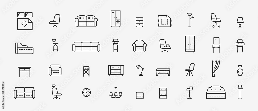 Furniture, line icons set. Collection black outline logo for mobile apps web or site design. Interior vector illustration - obrazy, fototapety, plakaty 