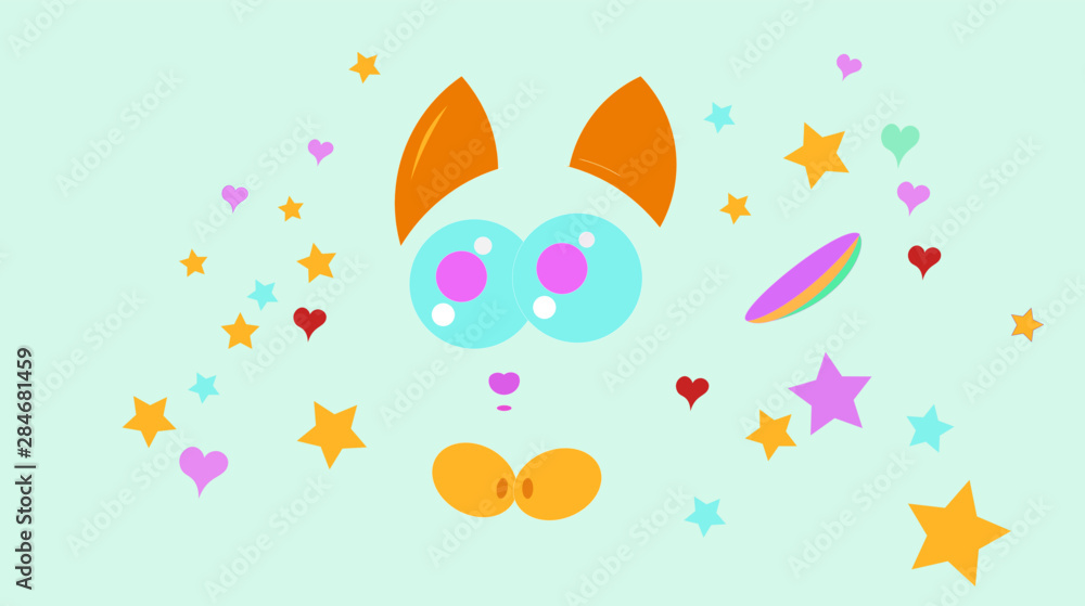 Cute kitten with big eyes. A kitten admires the stars and hearts.  Cat.
