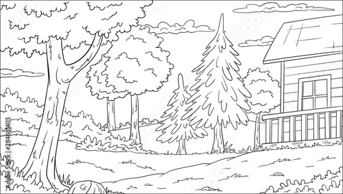 Coloring book landscape with house. Hand draw vector illustration.