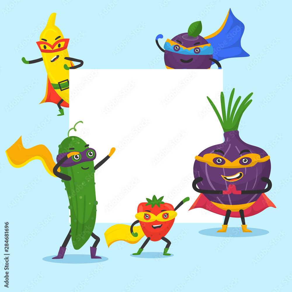 Naklejka premium Superhero vegetables vector frame illustration. Cartoon super hero veggies with funny banana, pepper, onion and cucamber in masks. Vegetarian set isolated on white background.