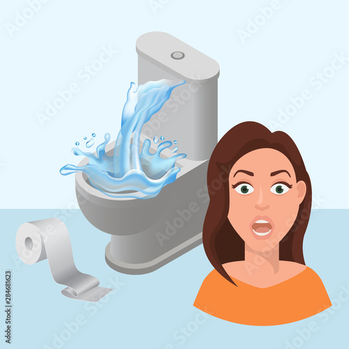 Littering toilet clogged and water splash, toilet paper littered vector cartoon illustration with girls scared face. Leakage canalization. Litter in WC and lavatory pan repair.