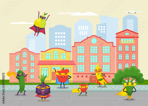 Funny fruits and vegetables superheros in cartoon city vector illustration. For vegan social networks and healthy lifestyle. Funny vegetables and fruits heroes on city daily activities.