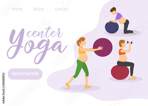 Maternity prenatal fitness center for pregnant vector web template. Yoga and balance exercises on balls for pregnant women web illustration. Healthy pregnancy center.