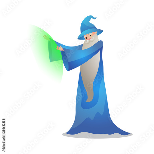 Wizard character in action poses. Colorful raster illustration in flat cartoon style