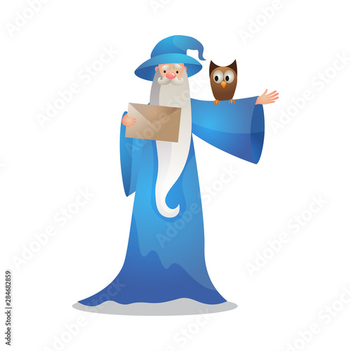 Wizard character in action poses with the magic bundle and owl. Colorful raster illustration in flat cartoon style