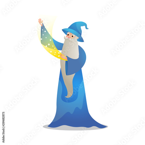 Wizard character in action poses. Colorful raster illustration in flat cartoon style