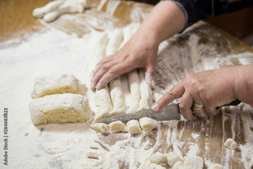 Mass of handmade gnocchi and cooking elements Mass of handmade gnocchi and cooking elements