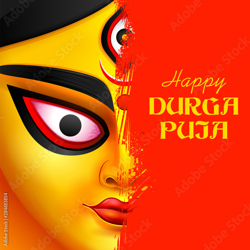 illustration of Goddess Durga Face in Happy Durga Puja Subh Navratri Indian religious header banner background