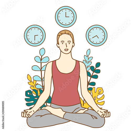 Vector illustration, concept of meditation during working hours, break, health benefits of the body, mind and emotions, thought process