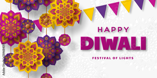 Diwali festival of lights holiday typographic design with hanging paper cut Indian Rangoli and bunting flags. White background. Vector illustration.
