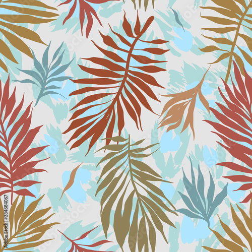 Abstract seamless tropical plants pattern. Hand drawn fantasy exotic sprigs with leopard skin background. Floral illustration made of herbal foliage leaves . Good for wallpaper, textile, fabric