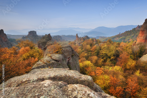 Belogradchik rocks. Magnificent morning view of the Belogradchik rocks in Bulgaria, lit by the autumn sun.