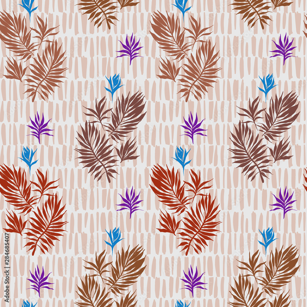 Abstract tropical plants pattern. Hand drawn fantasy exotic sprigs with weaving texture. floral illustration made of herbal foliage leaves with lines background. For textile, fabric Stock Vector | Adobe Stock