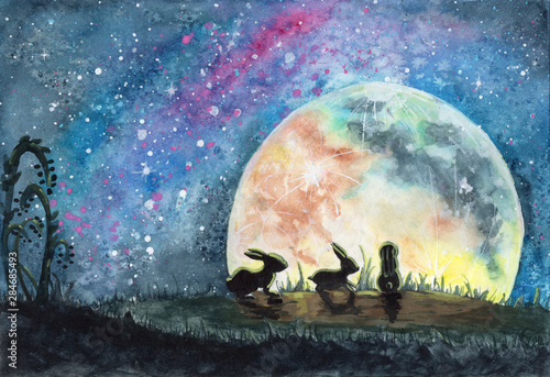 Photography Watercolor illustration of three rabbits or hares in a field with grass, looking