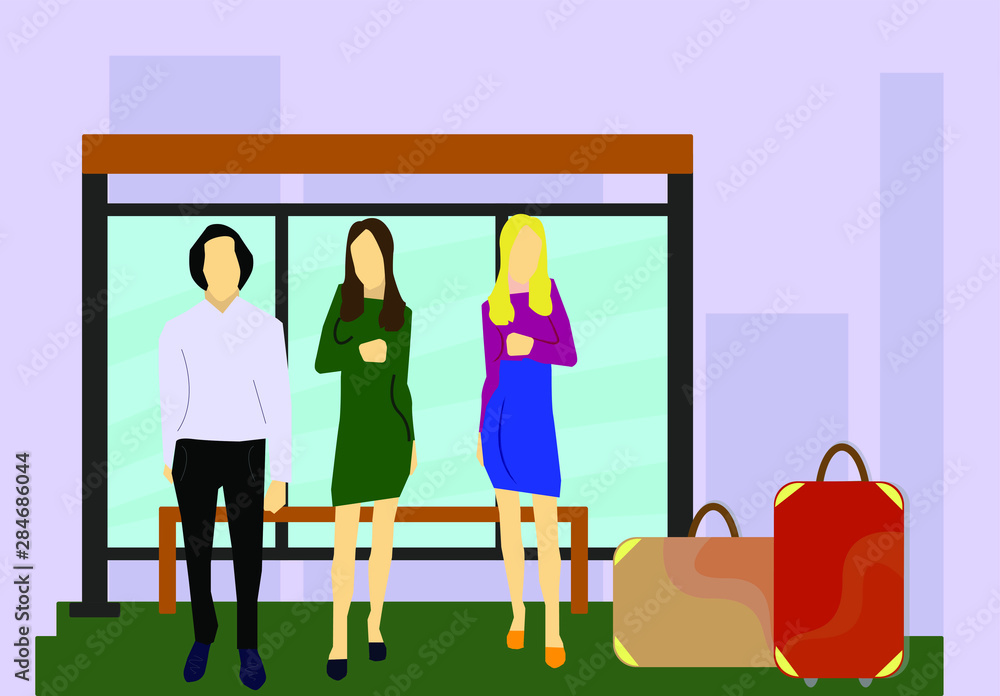 Three people are waiting for the bus at the bus stop. Vector icons of people waiting for a bus at a bus stop.