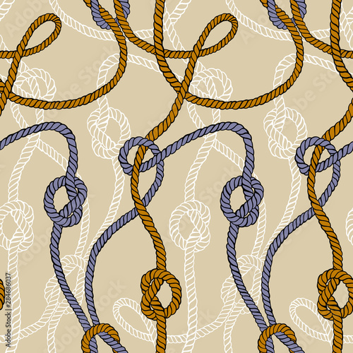 Vector seamless pattern made of twisted ropes with knots. Abstract graphic drawing. Plane nautical ornament.