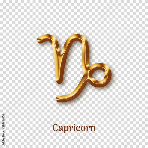 Capricorn golden zodiac sign isolated on transparent. Star sign for astrology horoscope. Luxury zodiac stylized symbol. Realistic gold design of horoscope constellation sign vector illustration.