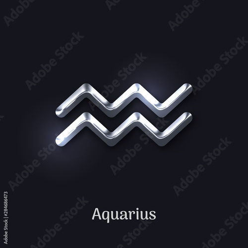 Aquarius silver zodiac sign on black background. Star sign for astrology horoscope. Luxury zodiac stylized symbol. Realistic silver design of horoscope constellation sign vector illustration.