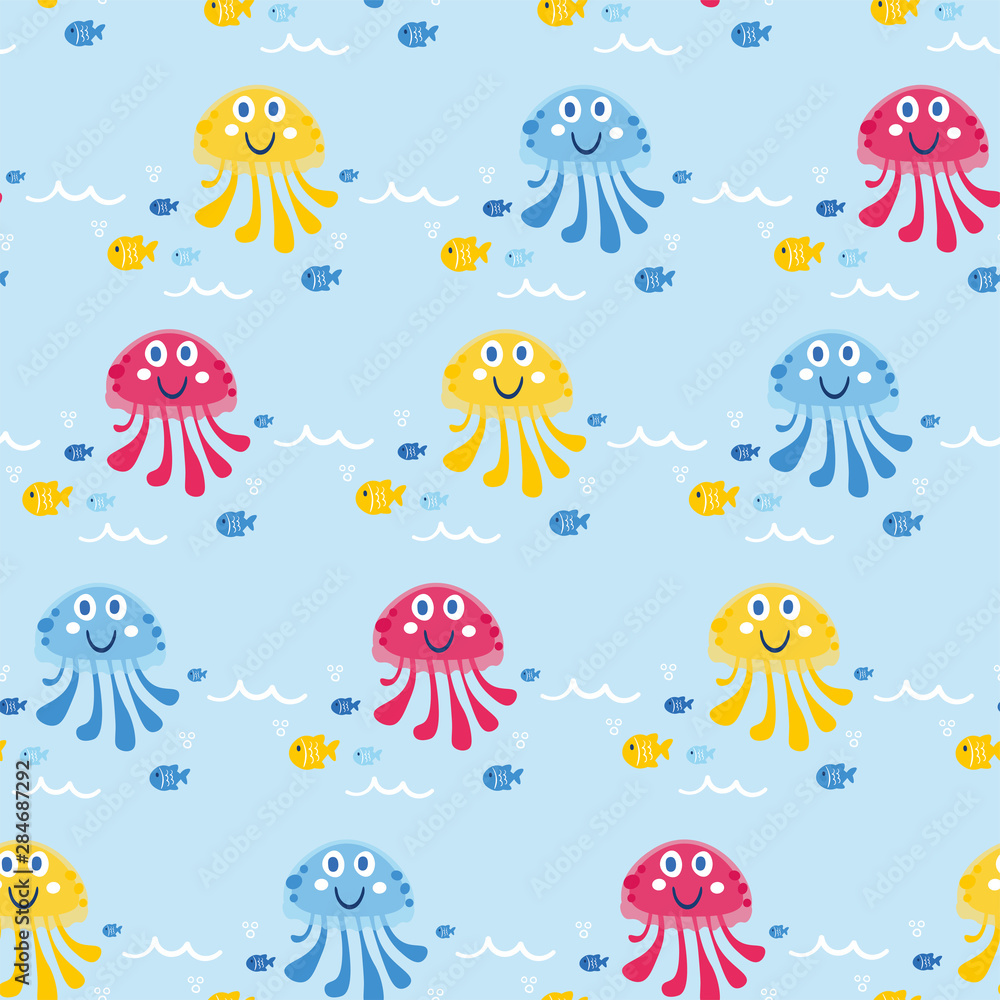 Cute sea vector animals of the deep. Cartoon seamless pattern on a color background. It can be used for backgrounds, surface textures, wallpapers, pattern fills Cute sea vector animals of the deep. Cartoon seamless pattern on a color background. It can be used for backgrounds, surface textures, wallpapers, pattern fills
