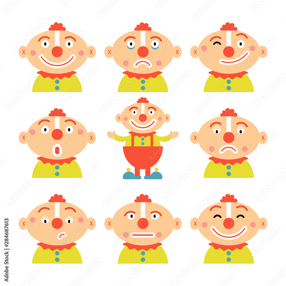 Vector emoticon clowns set. Design your own clown with different head and face Vector emoticon clowns set. Design your own clown with different head and face