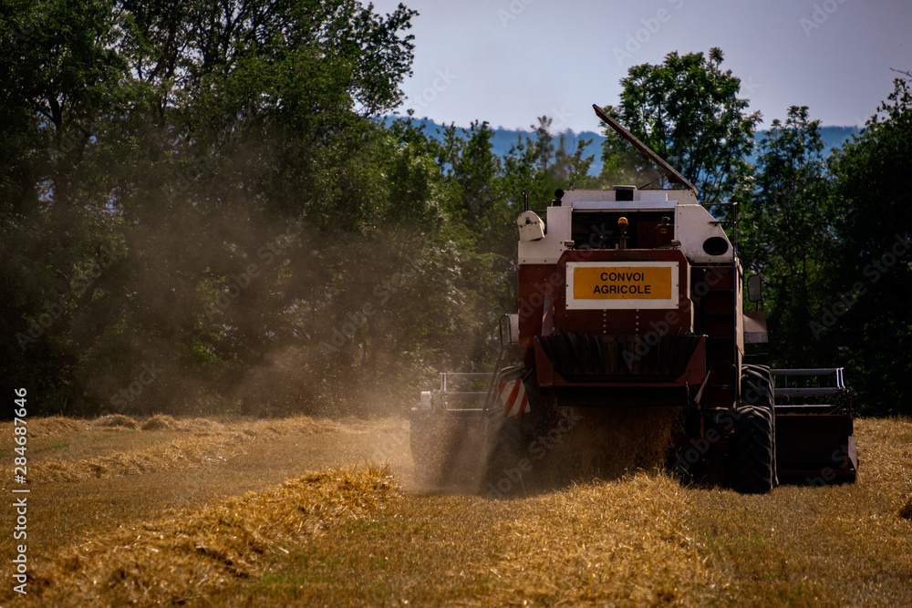 Dusty Combine harvested moving away from camera Dusty Combine harvested moving away from camera