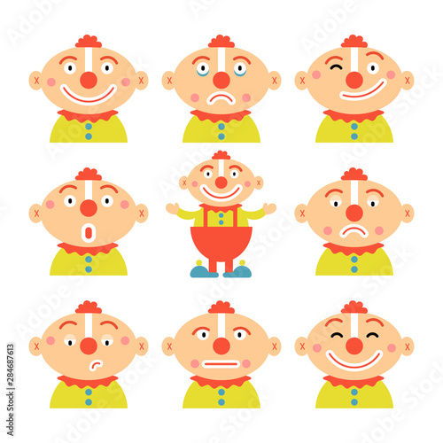 Vector emoticon clowns set. Design your own clown with different head and face