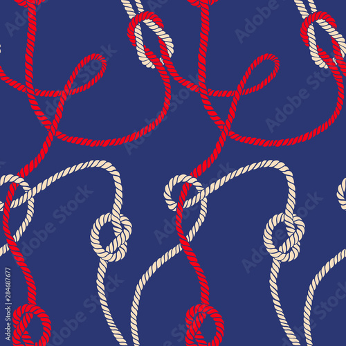 Vector seamless pattern made of twisted ropes with knots. Abstract graphic drawing. Flat nautical ornament.