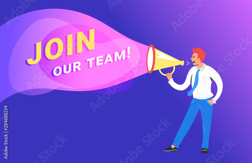 Join our creative team concept vector illustration of happy manager shouting on megaphone to invite new customers