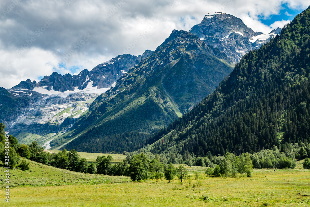 The Caucasus mountains in the Karachay-Cherkessia, Arkhyz. Beautiful mountain landscape. Mountain background.