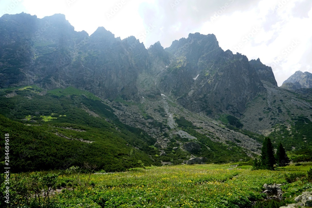 Fototapeta premium Beautiful High Tatras mountains landscape in Slovakia near city Old Smokovec. sunny summer day